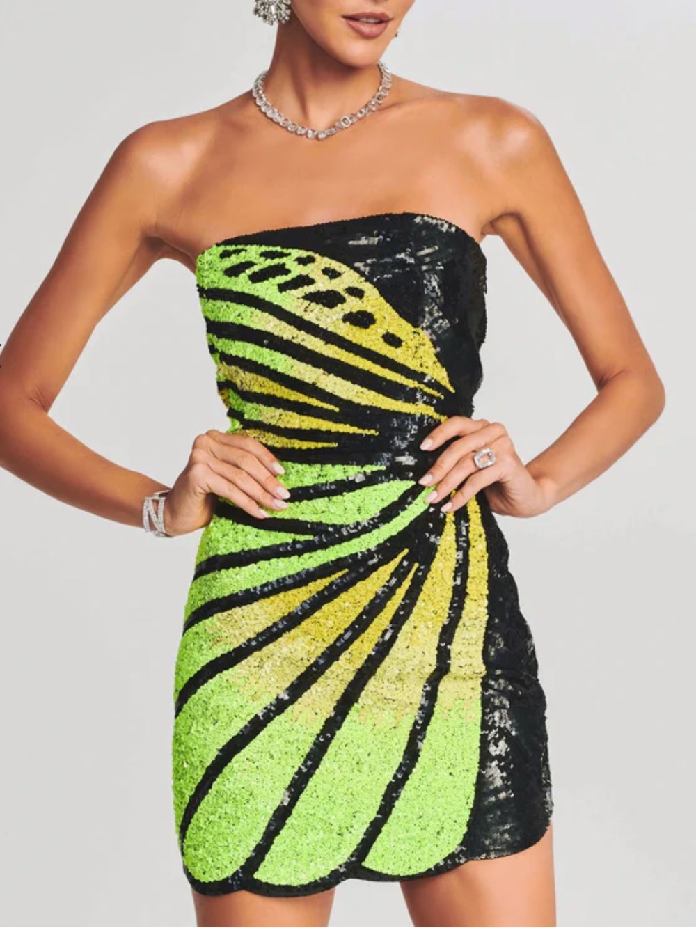 Retrofete Arabelle Sequin Dress in Black Neon Yellow - Picture 3 of 13